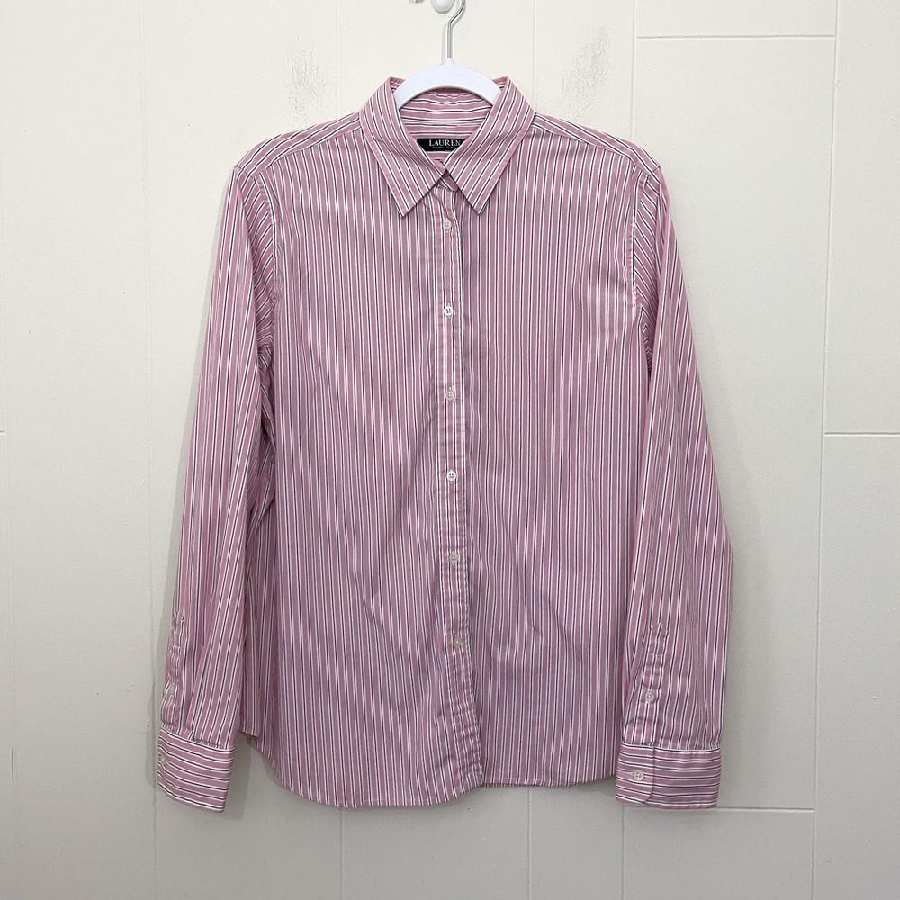 Lauren Ralph Lauren Stripe Button Up Shirt Size L Pink Stretch Preppy Classic